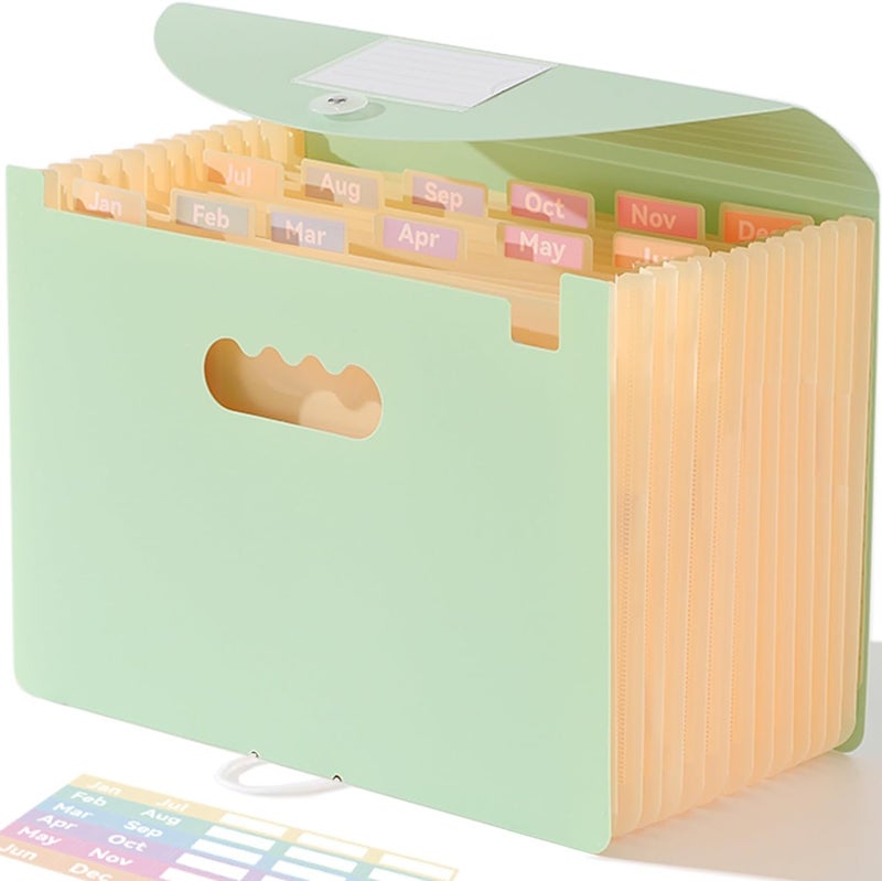 SortRax Accordion File Organizer 12 Pockets, Monthly Bill Receipt Tax Organizer, Expanding File Folders with Larger Bright Tabs, Fits Letter/A4 Size - Green - Image 1